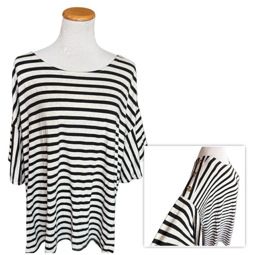 Womens 89th & Madison Heathered Oatmeal Striped Button Detail Blouse Top - Sz 2X